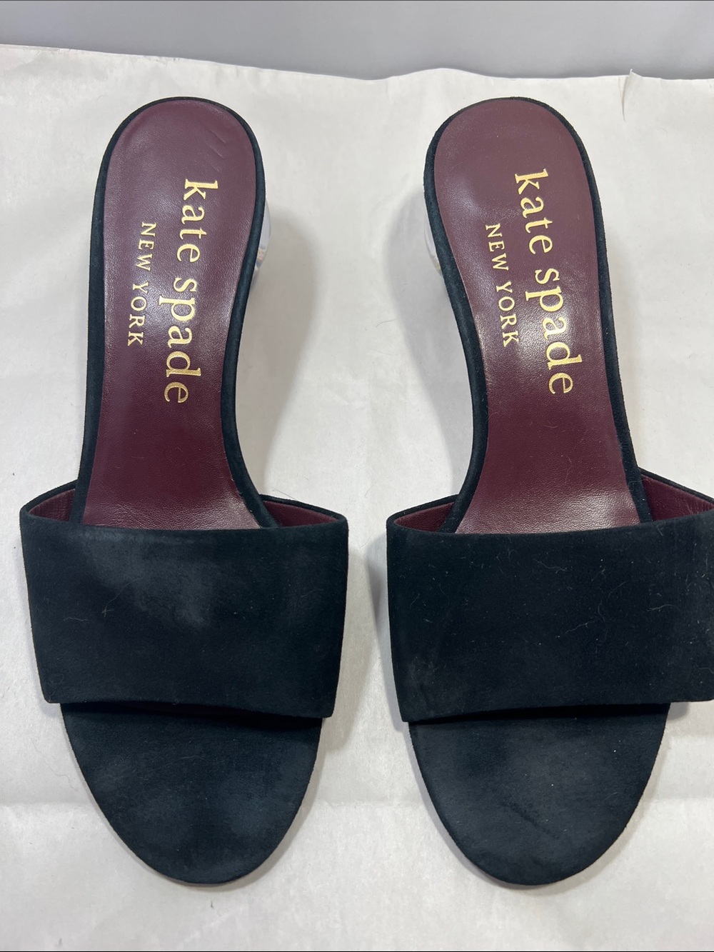 kate spade black suede slide mules with burgundy insole